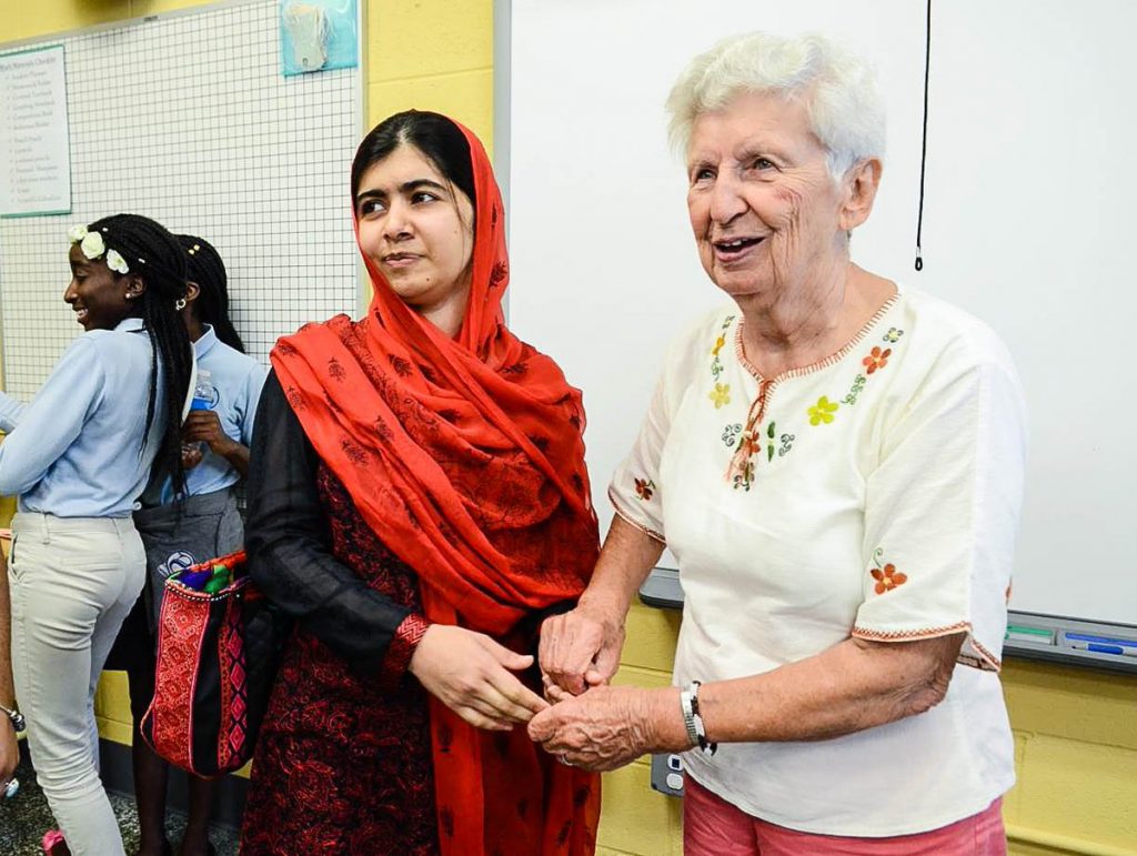 Nobel Peace Prize winner Malala Yousafzai made a surprise visit to Sophia Academy in 2016. After she was nearly killed by the Taliban in 2012, Sophia students wrote her letters of support. “I was moved by Malala and all she had done by age 19,” Sister Mary muses. “I was cloistered in a convent at that age.” (Sophia Academy photo)