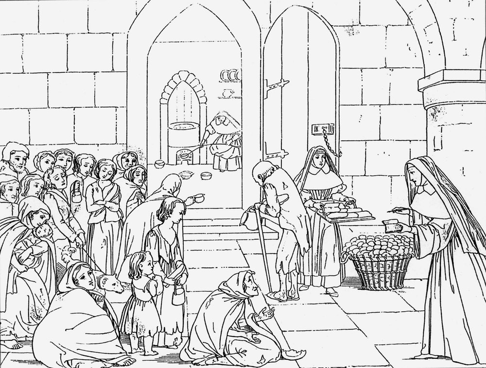 A line drawing demonstrating the Work of Mercy, "Feed the hungry"
