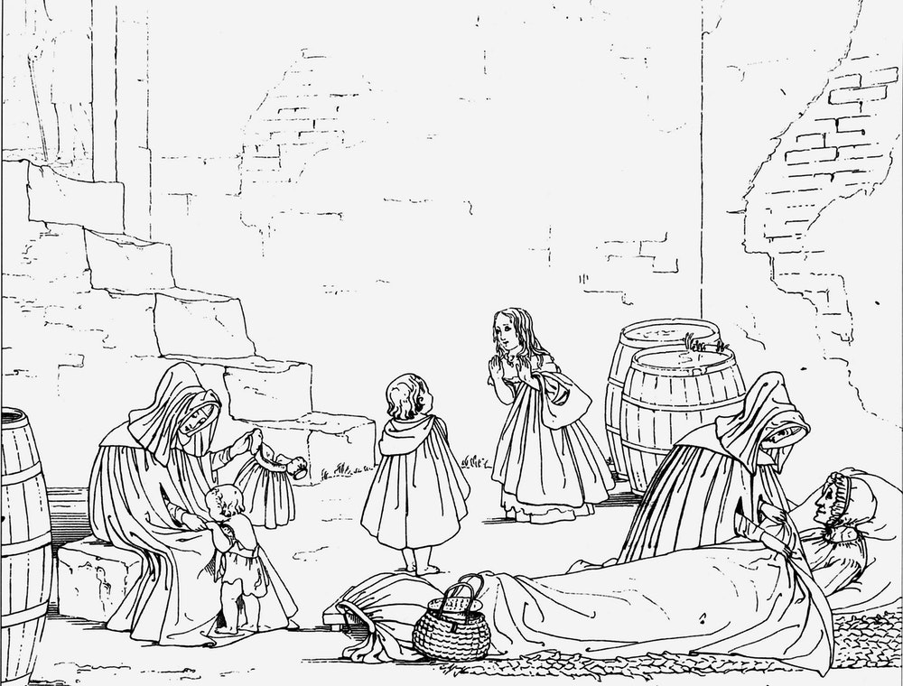 A line drawing demonstrating the Work of Mercy, "Clothe the naked"