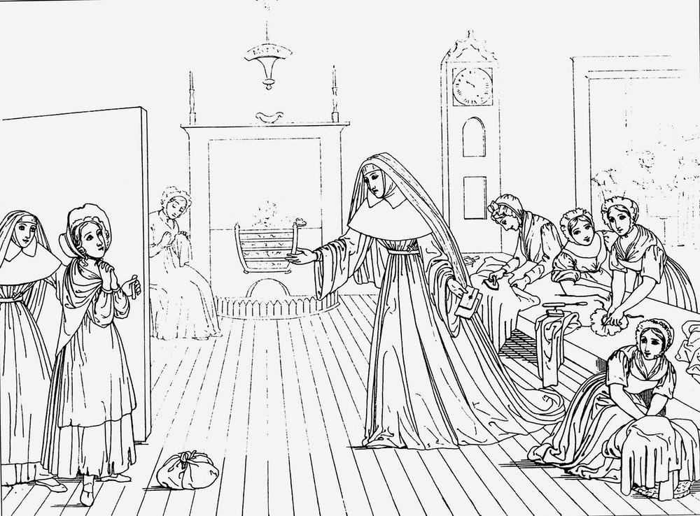 A line drawing demonstrating the Work of Mercy, "Shelter the homeless"