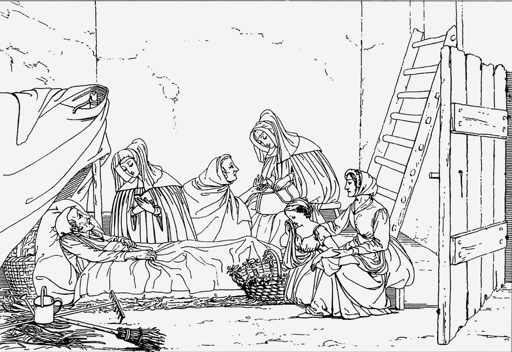 A line drawing demonstrating the Work of Mercy, "Visit the Sick" as Sisters attend to patients.