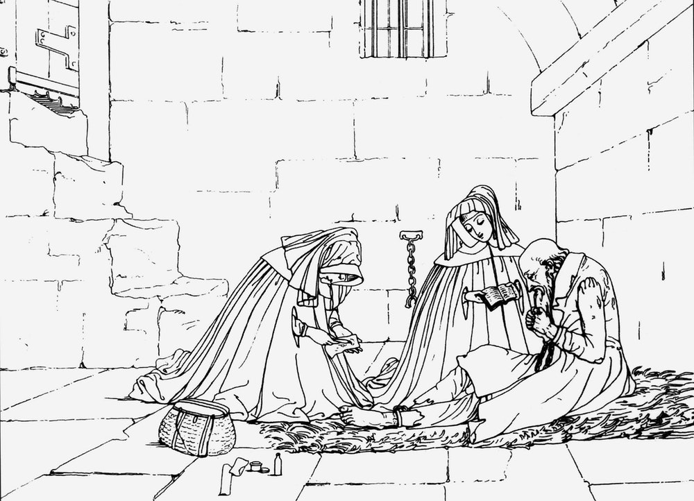 A line drawing demonstrating the Work of Mercy, "Visit the Imprisoned"